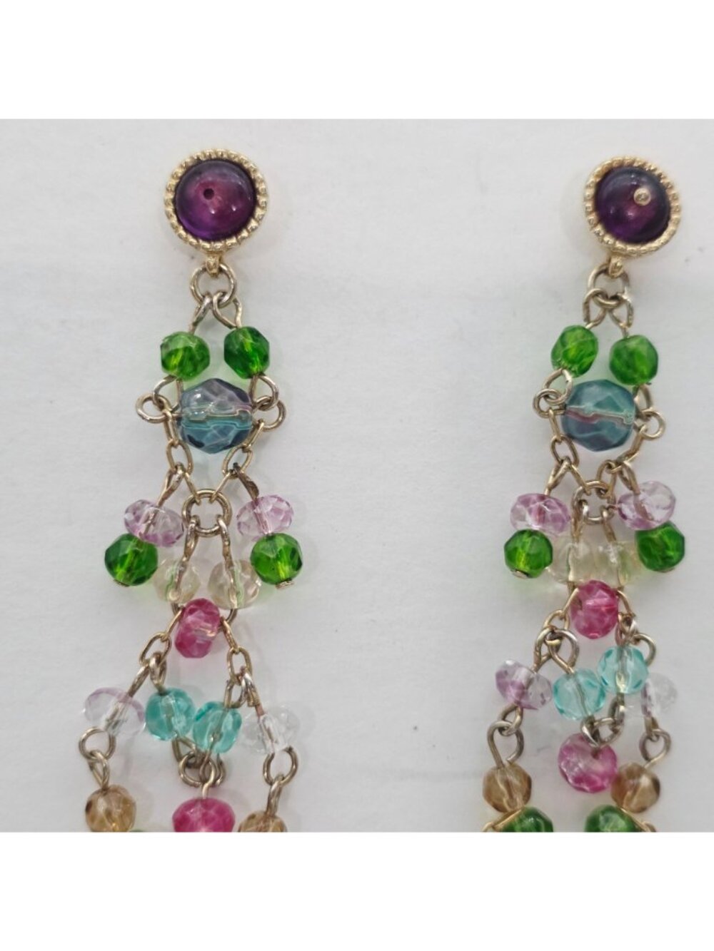 Colorful Beaded Dangle Earrings Chandelier Gold-Tone Setting By Carolee - Picture 4 of 8
